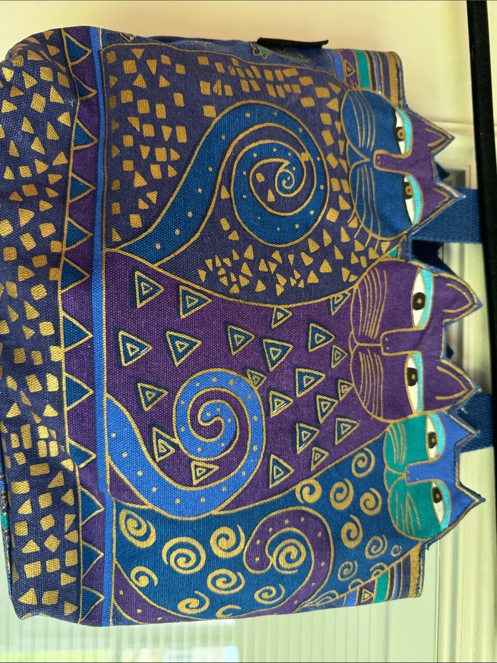 Laurel Burch Whimsical Cat Pattern Shoulder Bag in Blue and Purple